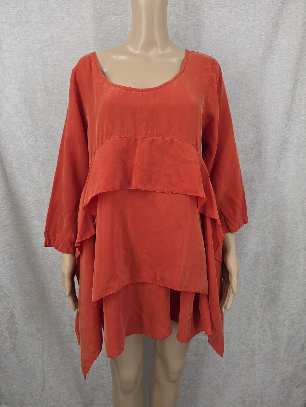 Click Lagenlook Teired Layered Satin Tunic Top Blouse in Rusty Red-Orange